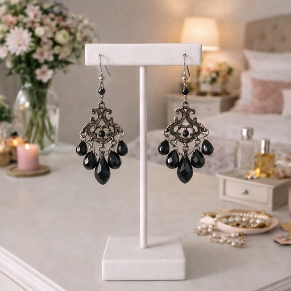 Intricate Black Chandelier Earrings Goth Classical - Pre-loved (2.5") - Picture 1 of 3